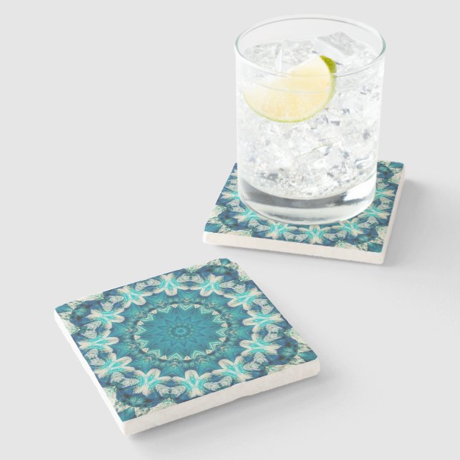 Blue Aqua Mandala Rosette Retro Hippie Stone Coaster (Side)