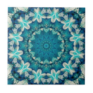 Blue Aqua Mandala Rosette Retro Hippie Tile
