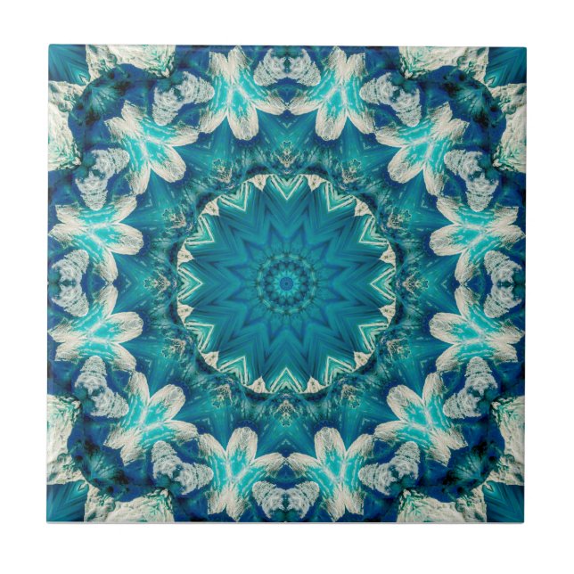 Blue Aqua Mandala Rosette Retro Hippie Tile (Front)