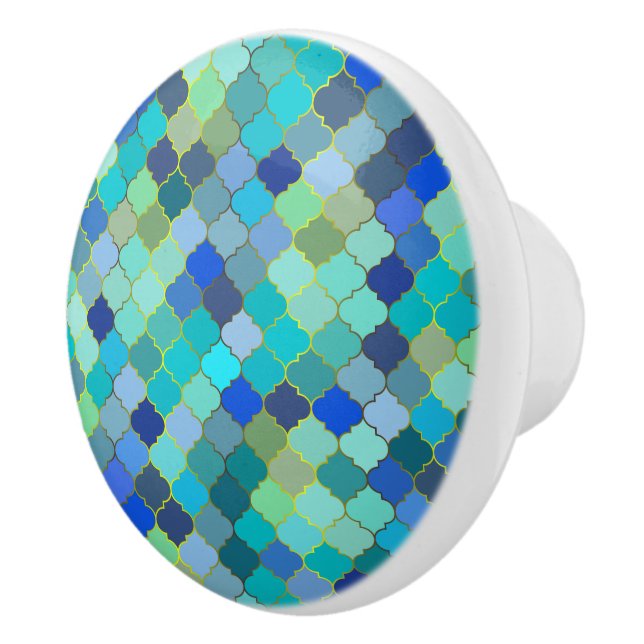 Blue Aqua Moroccan Mosaic Pattern Ceramic Knob (Right)