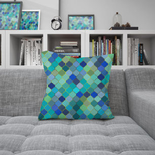 Blue Aqua Moroccan Mosaic Pattern Throw Pillow