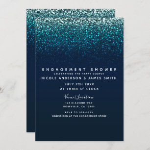 Blue Aqua Navy Glitter Sparkle Modern Engagement Invitation