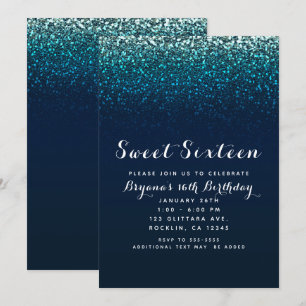 Blue Aqua Navy Glitter Sparkle Sweet 16 Party Invitation