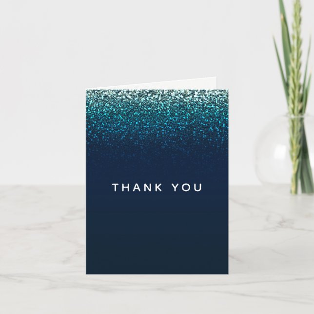 Blue Aqua Navy Glitter Sparkle Thank You Card (Front)