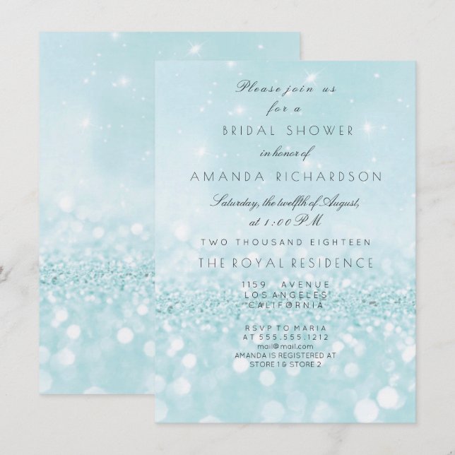 Blue Aqua Pastel Sparkly Glitter Bridal Shower Invitation (Front/Back)