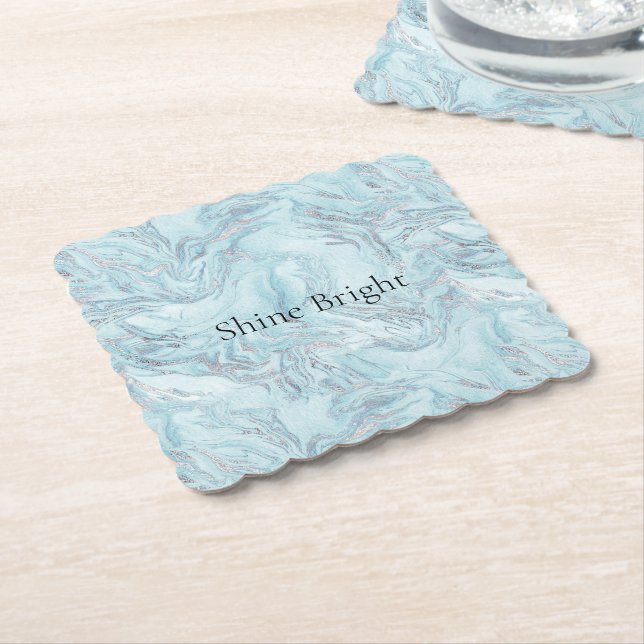 Blue Aqua Silver Marble Paper Coaster (Angled)