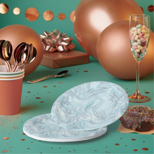 Blue Aqua Silver Marble Paper Plate (Multi)