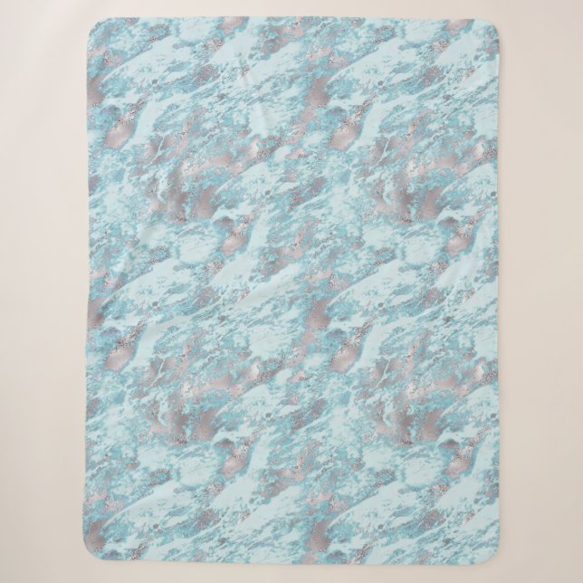 Blue Aqua Silver Marble Sherpa Blanket (Front)