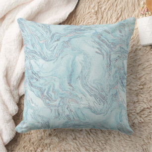 Blue Aqua Silver Marble Swirls Throw Pillow