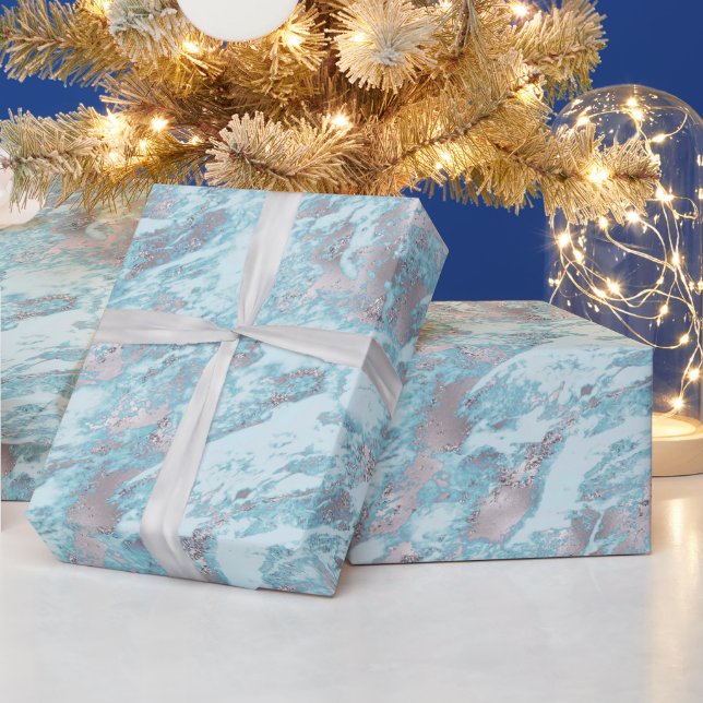 Blue Aqua Silver Marble Wrapping Paper (Holidays)