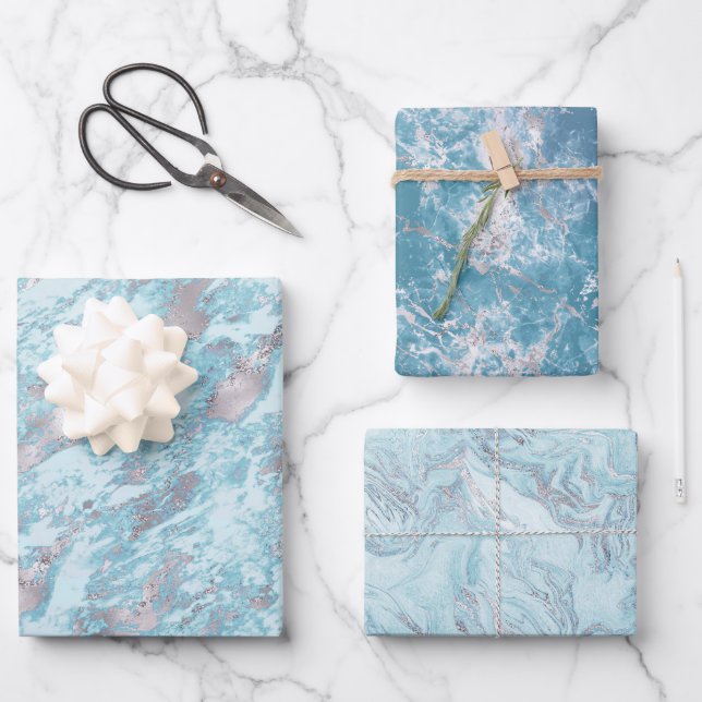 Blue Aqua Silver Marble Wrapping Paper Sheet (Front)