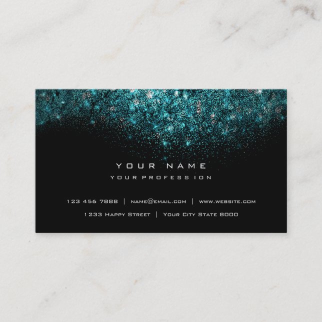 Blue Aqua Sparkly Turquoise Glitter Glam Black Business Card (Front)