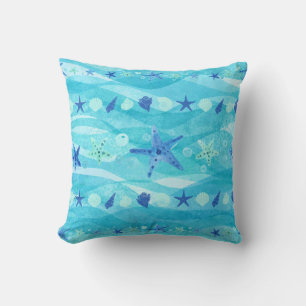 Blue Aqua Starfish Seashell Ocean Waves Coastal  Throw Pillow