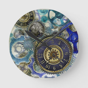 Blue aqua steampunk gears, cogs, clock faces print