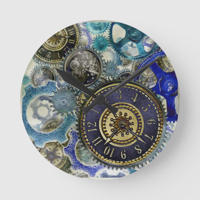 Blue aqua steampunk gears, cogs, clock faces print (Front)