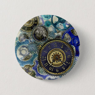 Blue aqua steampunk gears, cogs, clock faces print 2 inch round button