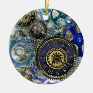 Blue aqua steampunk gears, cogs, clock faces print ceramic ornament