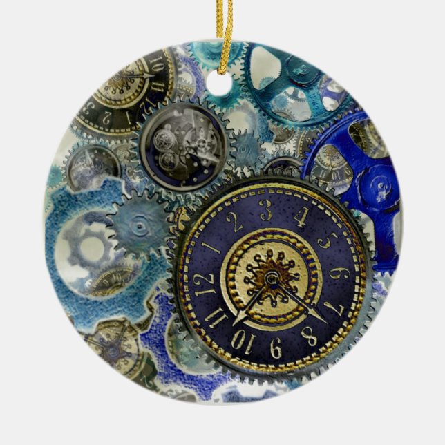Blue aqua steampunk gears, cogs, clock faces print ceramic ornament (Front)