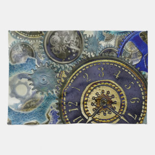 Blue aqua steampunk gears, cogs, clock faces print kitchen towel