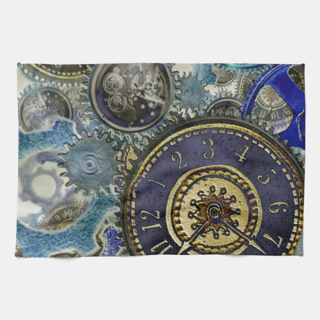 Blue aqua steampunk gears, cogs, clock faces print kitchen towel (Horizontal)