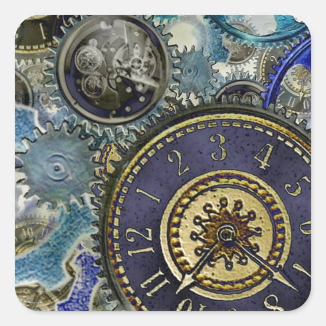 Blue aqua steampunk gears, cogs, clock faces print square sticker (Front)