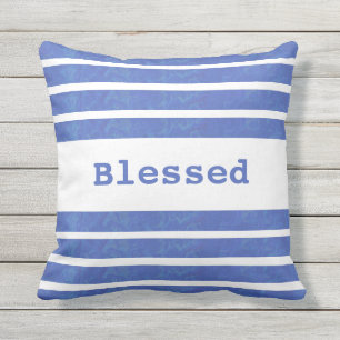 Blue Aqua Stripes  Custom Blessed Grateful Outdoor Pillow