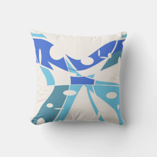 Blue Aqua Teal on Off-White Abstract Art Butterfly Throw Pillow