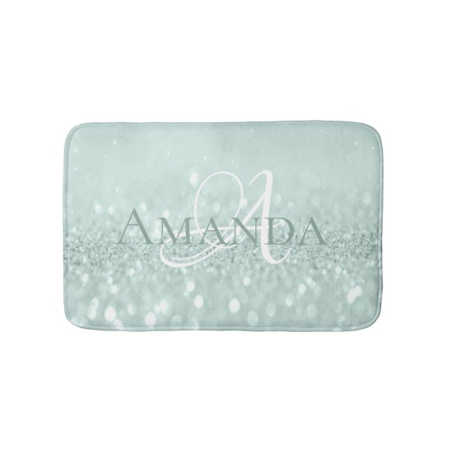 Blue Aqua Tiffany Pastel Glitter Name Monogram Bath Mat (Front)