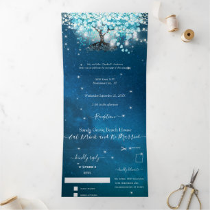 Blue Aqua Turquoise Heart Leaf Tree Wedding  Tri-F Tri-Fold Invitation