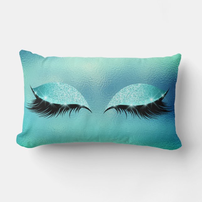 Blue  Aqua Vip Lashes Glass Sleep Glitter Makeup Lumbar Pillow (Front)