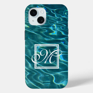 Blue aqua Water Pattern ocean waves monogram iPhone 15 Case