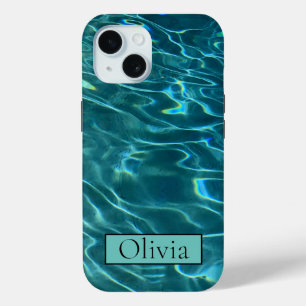 Blue aqua Water Pattern ocean waves monogram iPhone 15 Case