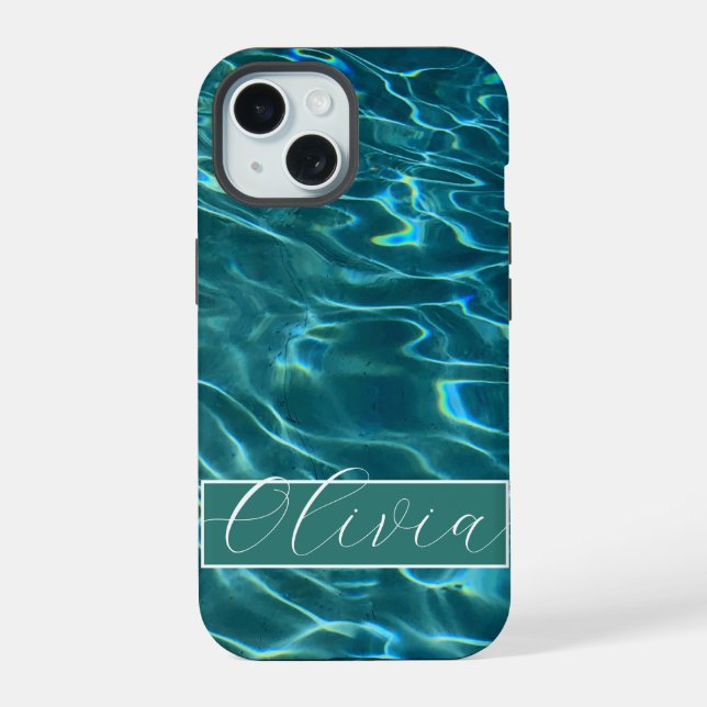 Blue aqua Water Pattern ocean waves monogram iPhone 15 Case (Back)