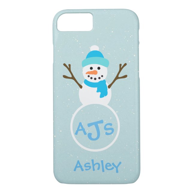 Blue Aqua White Monogram Snowman Coque (Dos)