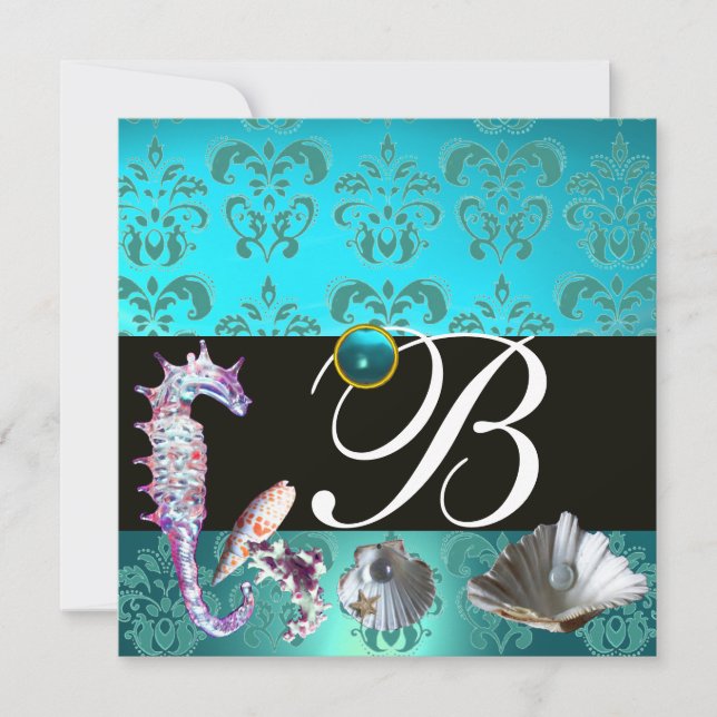 BLUE AQUAMARINE DAMASK BEACH WEDDING MONOGRAM INVITATION (Front)