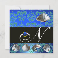 BLUE AQUAMARINE DAMASK BEACH WEDDING MONOGRAM