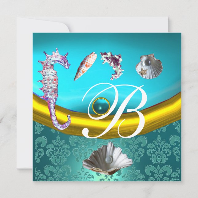 BLUE AQUAMARINE DAMASK BEACH WEDDING MONOGRAM INVITATION (Front)