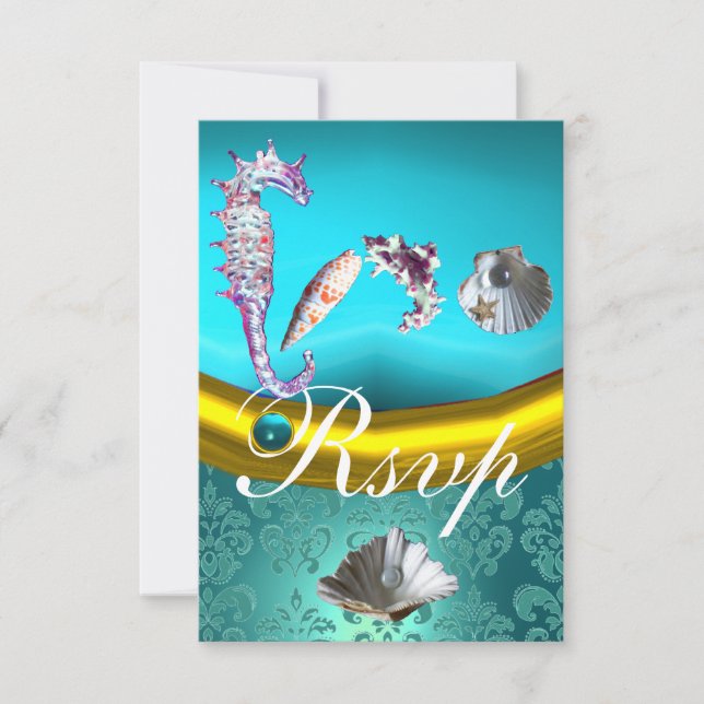 BLUE AQUAMARINE DAMASK BEACH WEDDING MONOGRAM RSVP CARD (Front)
