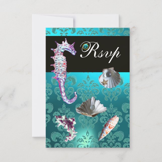 BLUE AQUAMARINE DAMASK BEACH WEDDING RSVP CARD (Front)