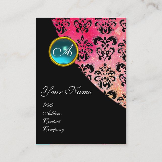 BLUE AQUAMARINE DAMASK MONOGRAM, fuchsia pink Business Card (Front)