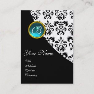 BLUE AQUAMARINE  DAMASK MONOGRAM ,turquase silver Business Card