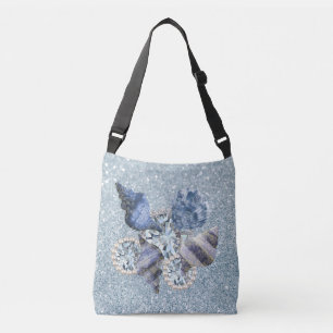 Blue Aquamarine Seashells &Jewels Faux Glitter Crossbody Bag