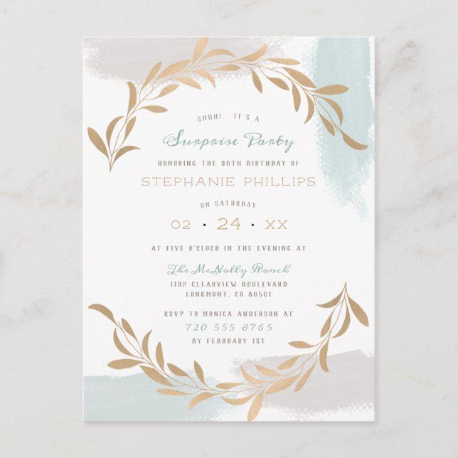 Blue Aquarelle Brushed Minimalist Surprise Party Invitation Postcard (Front)