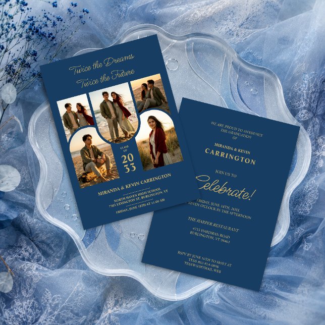 Blue Arched Collage Double Grads Twins TMF26 Invitation (Stylish double graduation invitation with five arched photo placeholders and gold faux effect.)