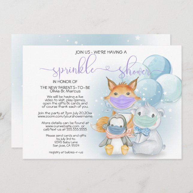 Blue Arctic Animals in Masks Sprinkle Shower Invitation (Front/Back)
