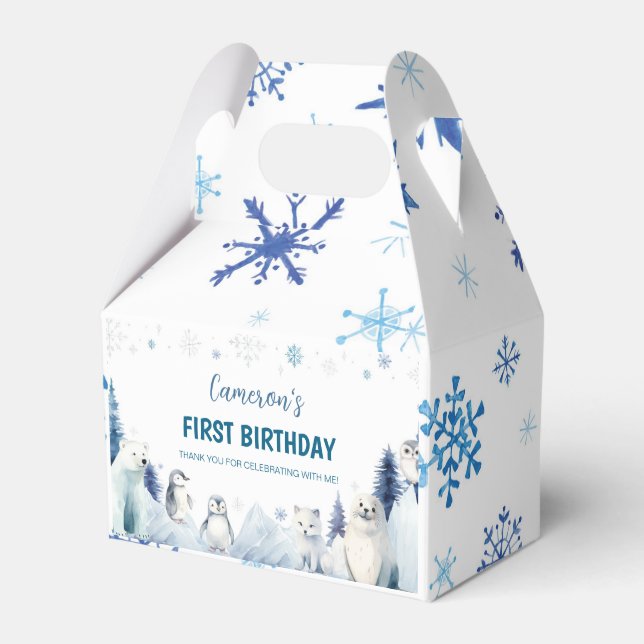 Blue Arctic Animals Winter Birthday Party Favor Box (Front Side)