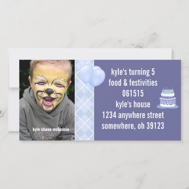 Blue Argyle Birthday Photo Invitation (Front)
