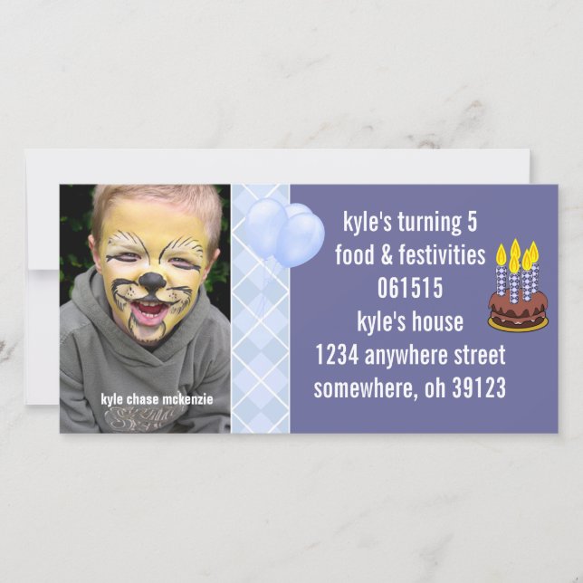 Blue Argyle Birthdy Photo Invitation (Front)