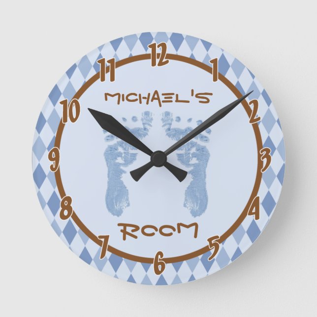 Blue Argyle Diamond Baby Feet Personalized Clock (Front)