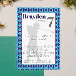 Blue Argyle Golf Birthday Invitation